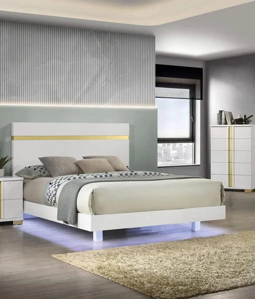 Modern White 3pc Bedroom Set Est King Size Bed w LED 2x Nightstands Mattress Ready Furniture Acrylic Trim Default -DTYStore