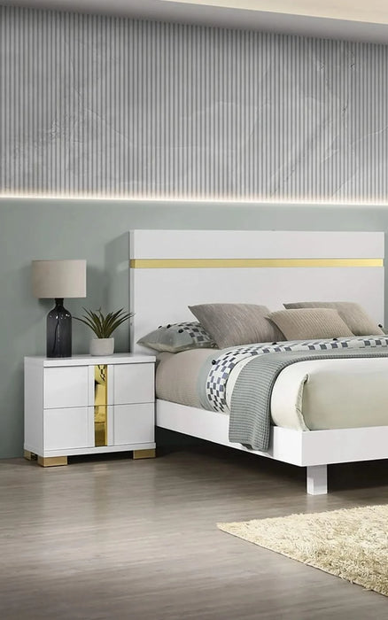 Modern White 3pc Bedroom Set Est King Size Bed w LED 2x Nightstands Mattress Ready Furniture Acrylic Trim Default -DTYStore