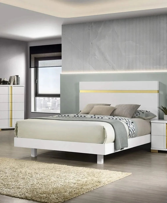 Modern White 3pc Bedroom Set Est King Size Bed w LED 2x Nightstands Mattress Ready Furniture Acrylic Trim Default -DTYStore