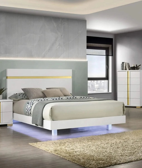 Modern White 3pc Bedroom Set Full Size Bed w LED 2x Nightstands Mattress Ready Furniture Acrylic Trim Default -DTYStore