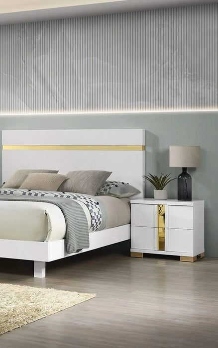 Modern White 3pc Bedroom Set Full Size Bed w LED 2x Nightstands Mattress Ready Furniture Acrylic Trim Default -DTYStore