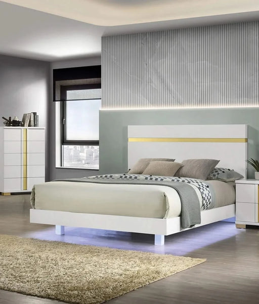 Modern White 3pc Bedroom Set Full Size Bed w LED 2x Nightstands Mattress Ready Furniture Acrylic Trim Default -DTYStore