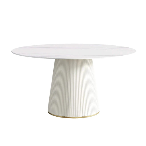 Modern White Artificial Stone Round Dining Table with Beige Plywood PU Base for 8 People Default -DTYStore