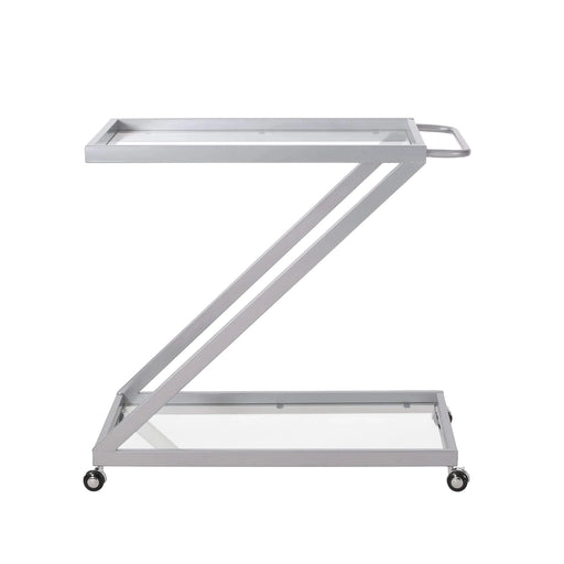 Modern Z-Shaped Bar Cart with Tempered Glass Shelves in Silver Glass+Metal Default -DTYStore