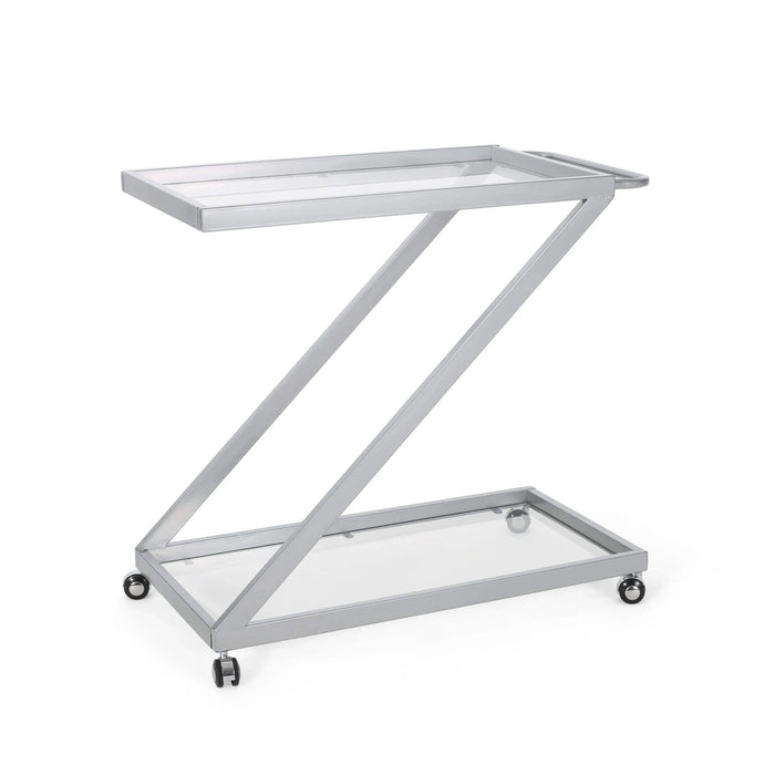 Modern Z-Shaped Bar Cart with Tempered Glass Shelves in Silver Glass+Metal Default -DTYStore