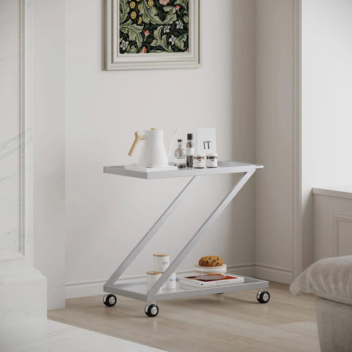 Modern Z-Shaped Bar Cart with Tempered Glass Shelves in Silver Glass+Metal Default -DTYStore