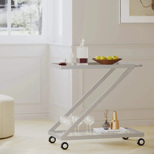 Modern Z-Shaped Bar Cart with Tempered Glass Shelves in Silver Glass+Metal Default -DTYStore