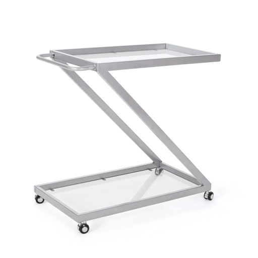 Modern Z-Shaped Bar Cart with Tempered Glass Shelves in Silver Glass+Metal Default -DTYStore
