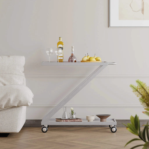 Modern Z-Shaped Bar Cart with Tempered Glass Shelves in Silver Glass+Metal Default -DTYStore