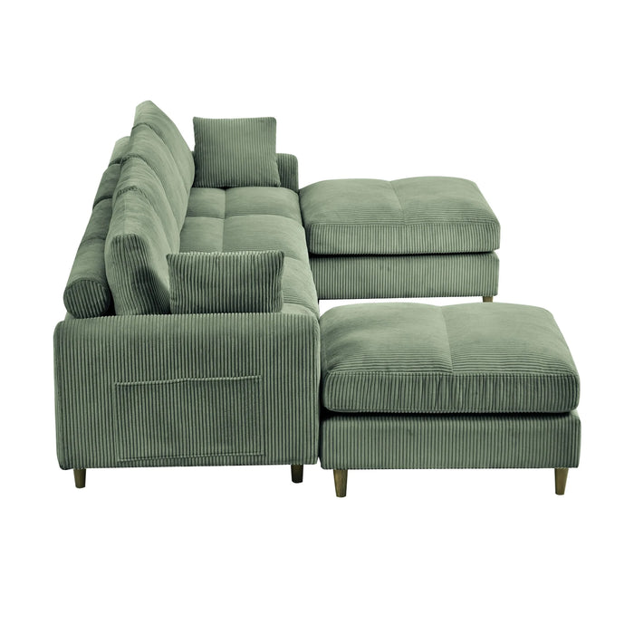 Modern corduroy modular section sofa, U-shaped convertible L-shaped sofa set with pillow, oversized sectional sofa with footstool, suitable for living room, attic, apartment, Olive Green 6 seat Default -DTYStore