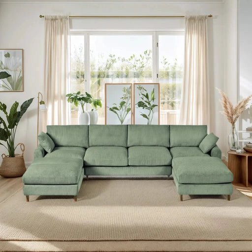 Modern corduroy modular section sofa, U-shaped convertible L-shaped sofa set with pillow, oversized sectional sofa with footstool, suitable for living room, attic, apartment, Olive Green 6 seat Default -DTYStore