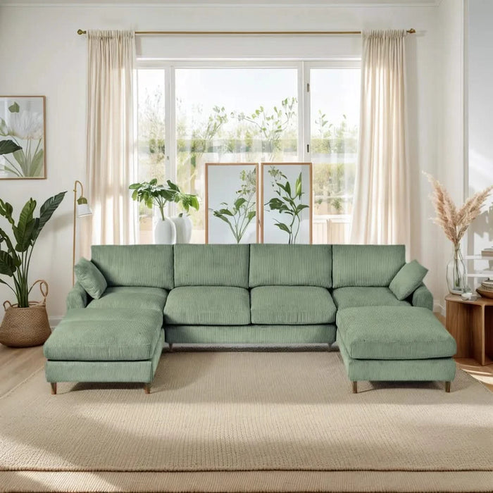 Modern corduroy modular section sofa, U-shaped convertible L-shaped sofa set with pillow, oversized sectional sofa with footstool, suitable for living room, attic, apartment, Olive Green 6 seat Default -DTYStore