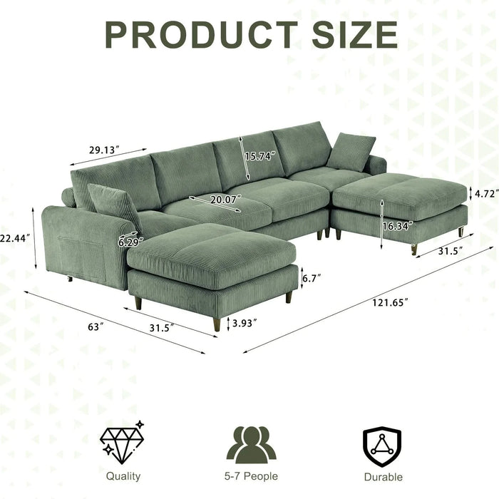 Modern corduroy modular section sofa, U-shaped convertible L-shaped sofa set with pillow, oversized sectional sofa with footstool, suitable for living room, attic, apartment, Olive Green 6 seat Default -DTYStore