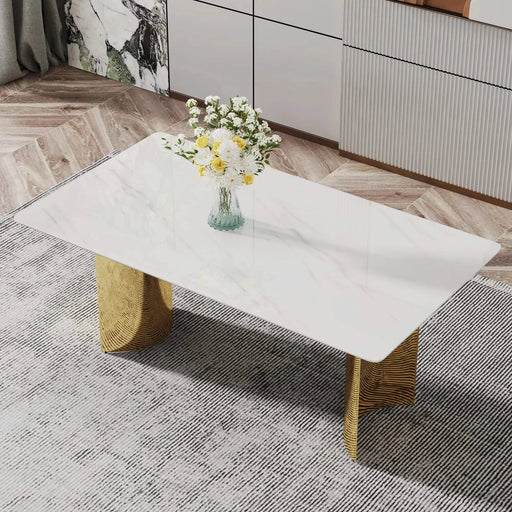 Modern minimalist dining table. The white imitation marble glass desktop is equipped with golden metal legs. Suitable for restaurants and living rooms 71 '* 39.3' * 29.5 'DT-69 Default -DTYStore
