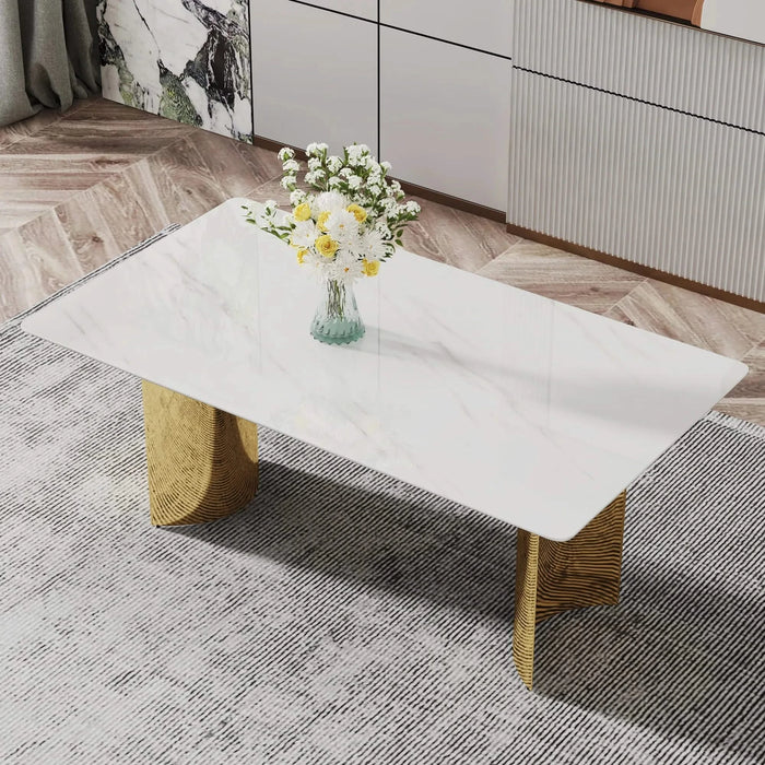 Modern minimalist dining table. The white imitation marble glass desktop is equipped with golden metal legs. Suitable for restaurants and living rooms 71 '* 39.3' * 29.5 'DT-69 Default -DTYStore