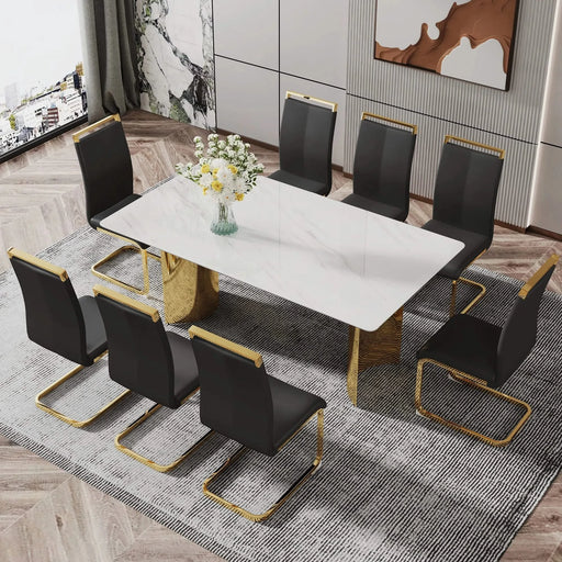 Modern minimalist dining table. The white imitation marble glass desktop is equipped with golden metal legs. Suitable for restaurants and living rooms 71 '* 39.3' * 29.5 'DT-69 Default -DTYStore