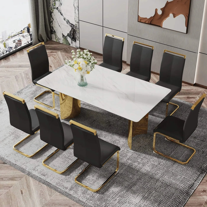 Modern minimalist dining table. The white imitation marble glass desktop is equipped with golden metal legs. Suitable for restaurants and living rooms 71 '* 39.3' * 29.5 'DT-69 Default -DTYStore