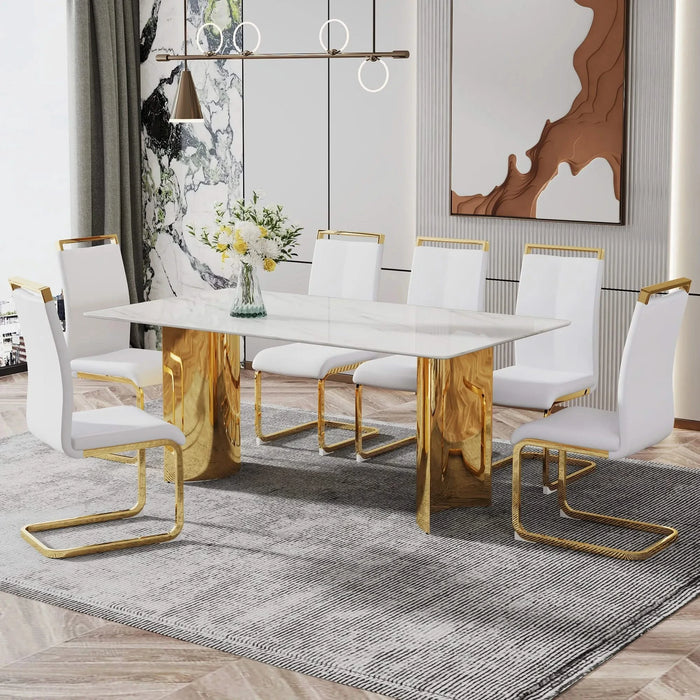 Modern minimalist dining table. The white imitation marble glass desktop is equipped with golden metal legs. Suitable for restaurants and living rooms 71 '* 39.3' * 29.5 'DT-69 Default -DTYStore