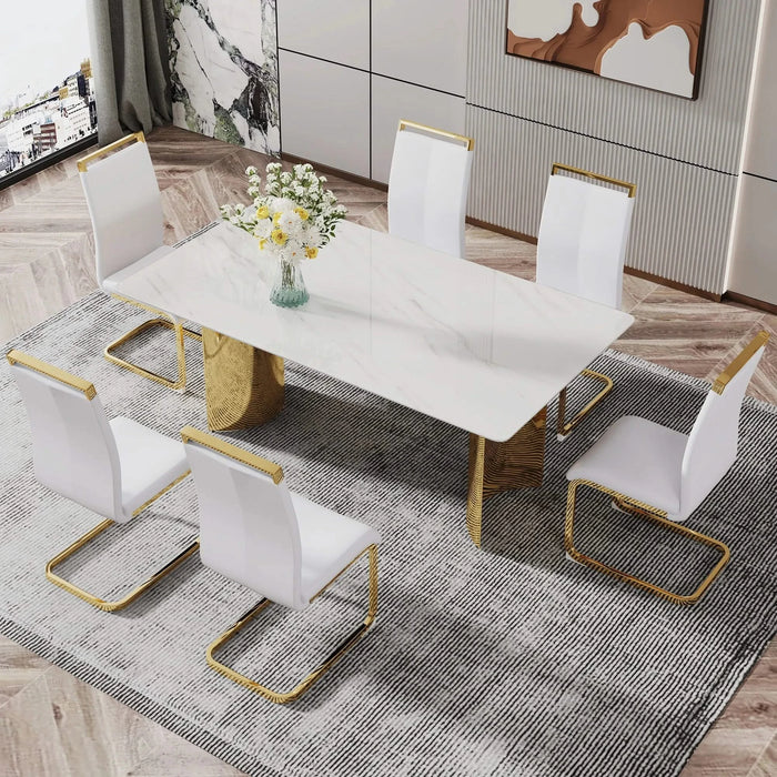 Modern minimalist dining table. The white imitation marble glass desktop is equipped with golden metal legs. Suitable for restaurants and living rooms 71 '* 39.3' * 29.5 'DT-69 Default -DTYStore