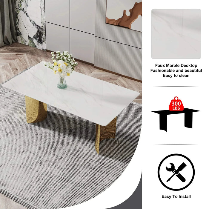 Modern minimalist dining table. The white imitation marble glass desktop is equipped with golden metal legs. Suitable for restaurants and living rooms 71 '* 39.3' * 29.5 'DT-69 Default -DTYStore