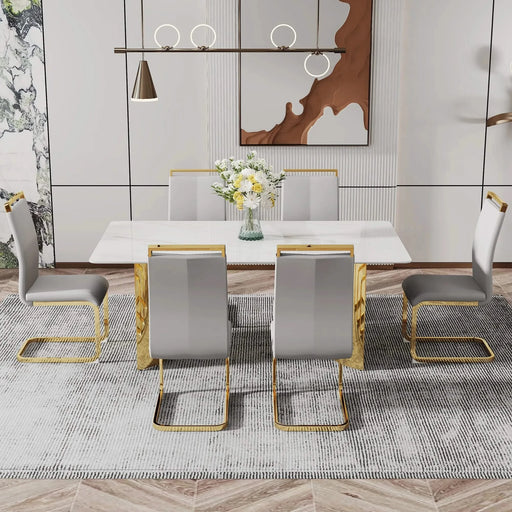 Modern minimalist dining table. The white imitation marble glass desktop is equipped with golden metal legs. Suitable for restaurants and living rooms 71 '* 39.3' * 29.5 'DT-69 Default -DTYStore
