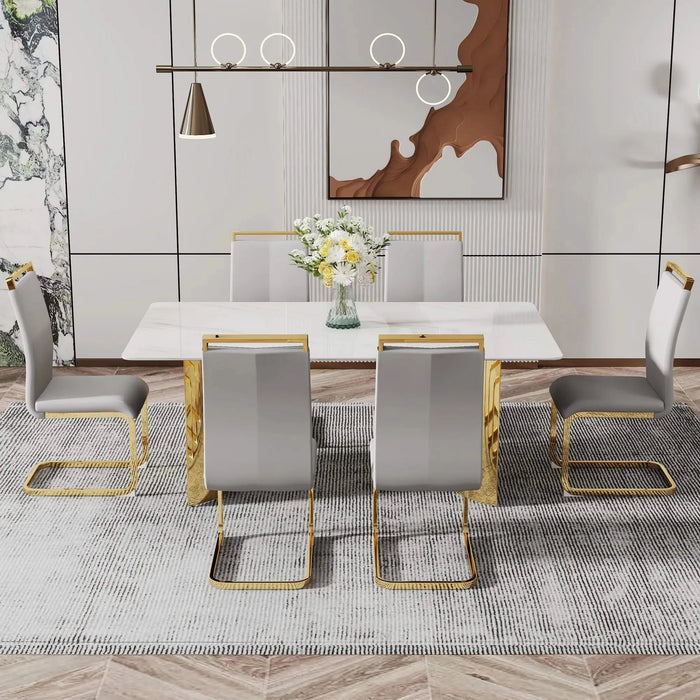 Modern minimalist dining table. The white imitation marble glass desktop is equipped with golden metal legs. Suitable for restaurants and living rooms 71 '* 39.3' * 29.5 'DT-69 Default -DTYStore