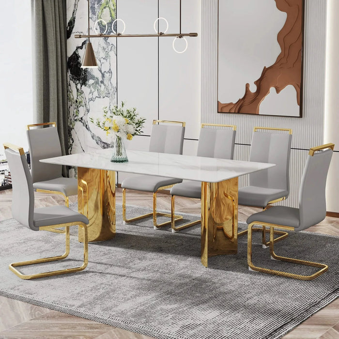 Modern minimalist dining table. The white imitation marble glass desktop is equipped with golden metal legs. Suitable for restaurants and living rooms 71 '* 39.3' * 29.5 'DT-69 Default -DTYStore