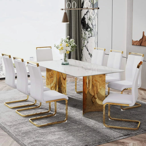 Modern minimalist dining table. The white imitation marble glass desktop is equipped with golden metal legs. Suitable for restaurants and living rooms 71 '* 39.3' * 29.5 'DT-69 Default -DTYStore