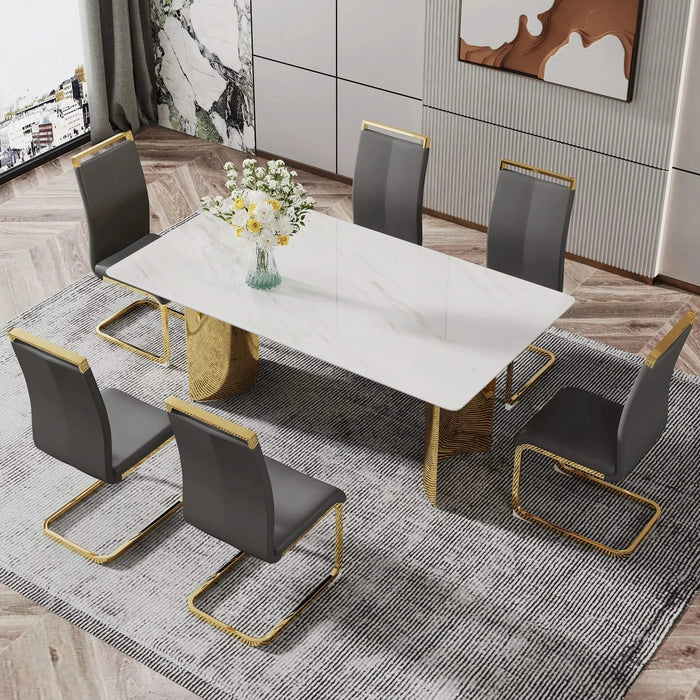 Modern minimalist dining table. The white imitation marble glass desktop is equipped with golden metal legs. Suitable for restaurants and living rooms 71 '* 39.3' * 29.5 'DT-69 Default -DTYStore