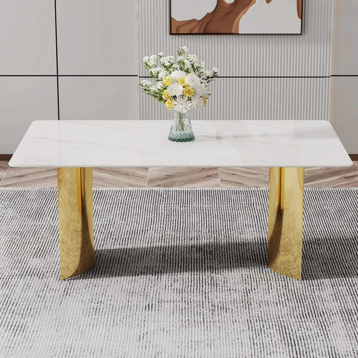 Modern minimalist dining table. The white imitation marble glass desktop is equipped with golden metal legs. Suitable for restaurants and living rooms 71 '* 39.3' * 29.5 'DT-69 Default -DTYStore