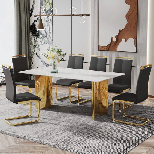 Modern minimalist dining table. The white imitation marble glass desktop is equipped with golden metal legs. Suitable for restaurants and living rooms 71 '* 39.3' * 29.5 'DT-69 Default -DTYStore