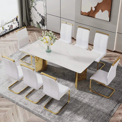 Modern minimalist dining table. The white imitation marble glass desktop is equipped with golden metal legs. Suitable for restaurants and living rooms 71 '* 39.3' * 29.5 'DT-69 Default -DTYStore