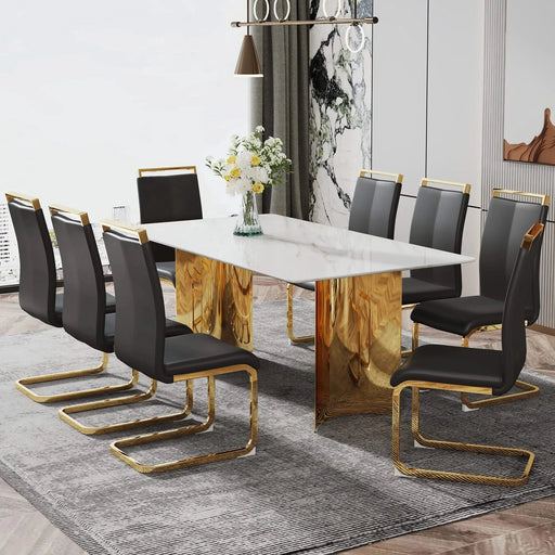 Modern minimalist dining table. The white imitation marble glass desktop is equipped with golden metal legs. Suitable for restaurants and living rooms 71 '* 39.3' * 29.5 'DT-69 Default -DTYStore