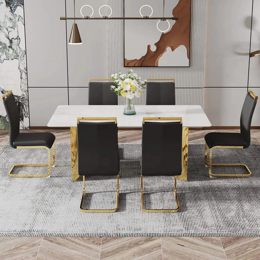 Modern minimalist dining table. The white imitation marble glass desktop is equipped with golden metal legs. Suitable for restaurants and living rooms 71 '* 39.3' * 29.5 'DT-69 Default -DTYStore