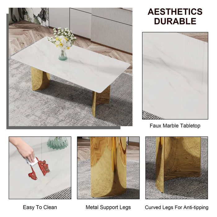 Modern minimalist dining table. The white imitation marble glass desktop is equipped with golden metal legs. Suitable for restaurants and living rooms 71 '* 39.3' * 29.5 'DT-69 Default -DTYStore