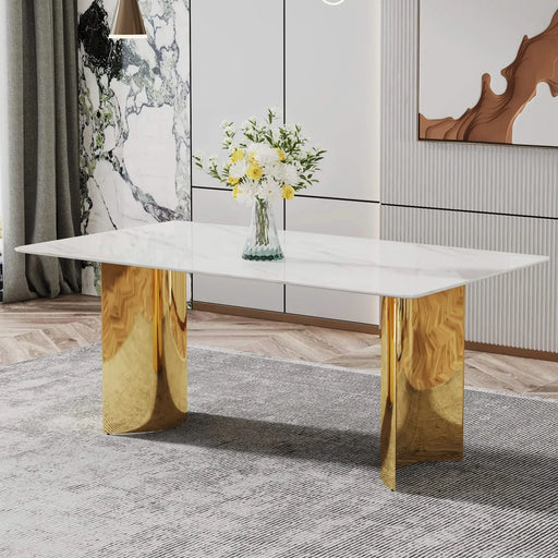 Modern minimalist dining table. The white imitation marble glass desktop is equipped with golden metal legs. Suitable for restaurants and living rooms 71 '* 39.3' * 29.5 'DT-69 Default -DTYStore