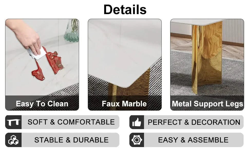 Modern minimalist dining table. The white imitation marble glass desktop is equipped with golden metal legs. Suitable for restaurants and living rooms 71 '* 39.3' * 29.5 'DT-69 Default -DTYStore