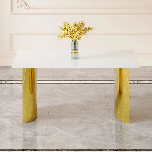 Modern minimalist dining table. White imitation marble glass sticker tabletop, golden table legs, stable and beautiful. Suitable for living room and dining room 63' *35.4' *30 DT-69 Default -DTYStore
