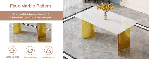 Modern minimalist dining table. White imitation marble glass sticker tabletop, golden table legs, stable and beautiful. Suitable for living room and dining room 63' *35.4' *30 DT-69 Default -DTYStore