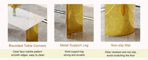 Modern minimalist dining table. White imitation marble glass sticker tabletop, golden table legs, stable and beautiful. Suitable for living room and dining room 63' *35.4' *30 DT-69 Default -DTYStore
