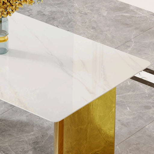 Modern minimalist dining table. White imitation marble glass sticker tabletop, golden table legs, stable and beautiful. Suitable for living room and dining room 63' *35.4' *30 DT-69 Default -DTYStore