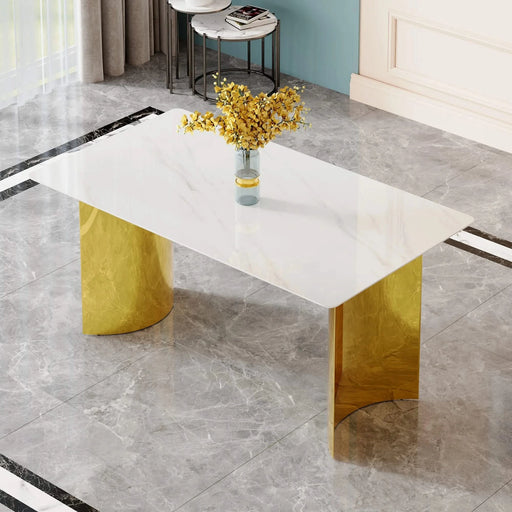 Modern minimalist dining table. White imitation marble glass sticker tabletop, golden table legs, stable and beautiful. Suitable for living room and dining room 63' *35.4' *30 DT-69 Default -DTYStore