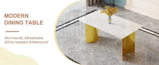 Modern minimalist dining table. White imitation marble glass sticker tabletop, golden table legs, stable and beautiful. Suitable for living room and dining room 63' *35.4' *30 DT-69 Default -DTYStore