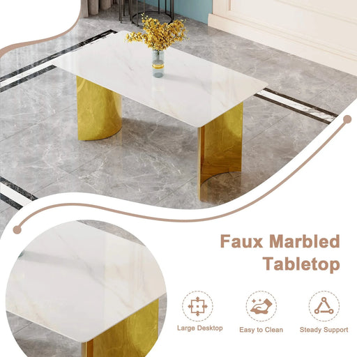Modern minimalist dining table. White imitation marble glass sticker tabletop, golden table legs, stable and beautiful. Suitable for living room and dining room 63' *35.4' *30 DT-69 Default -DTYStore