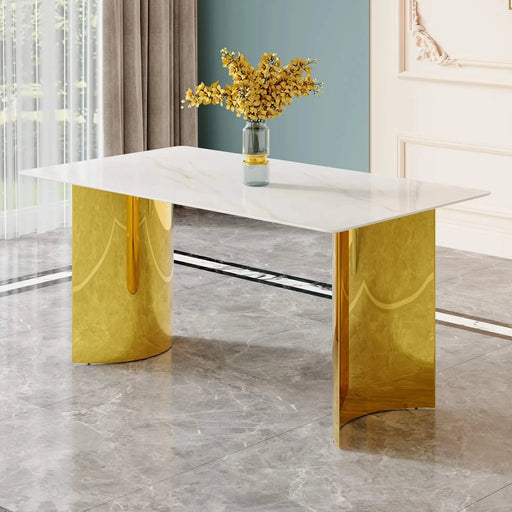 Modern minimalist dining table. White imitation marble glass sticker tabletop, golden table legs, stable and beautiful. Suitable for living room and dining room 63' *35.4' *30 DT-69 Default -DTYStore