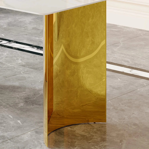 Modern minimalist dining table. White imitation marble glass sticker tabletop, golden table legs, stable and beautiful. Suitable for living room and dining room 63' *35.4' *30 DT-69 Default -DTYStore