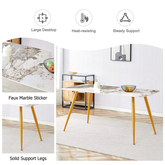 Modern minimalist dining table. White imitation marble pattern SINTERED STONE desktop with golden metal legs.62.2'*34.6'*30' F-001 Default -DTYStore