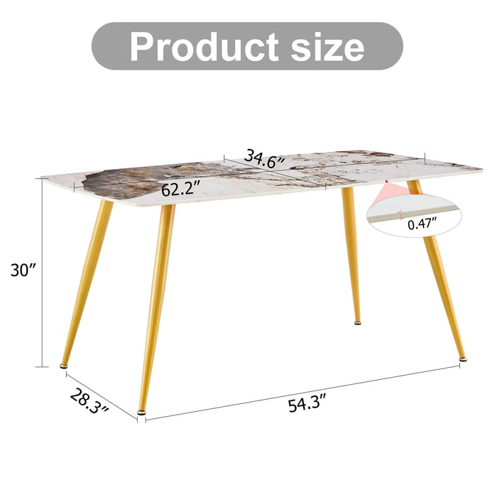 Modern minimalist dining table. White imitation marble pattern SINTERED STONE desktop with golden metal legs.62.2'*34.6'*30' F-001 Default -DTYStore