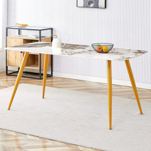 Modern minimalist dining table. White imitation marble pattern SINTERED STONE desktop with golden metal legs.62.2'*34.6'*30' F-001 Default -DTYStore