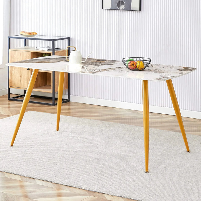 Modern minimalist dining table. White imitation marble pattern SINTERED STONE desktop with golden metal legs.62.2'*34.6'*30' F-001 Default -DTYStore